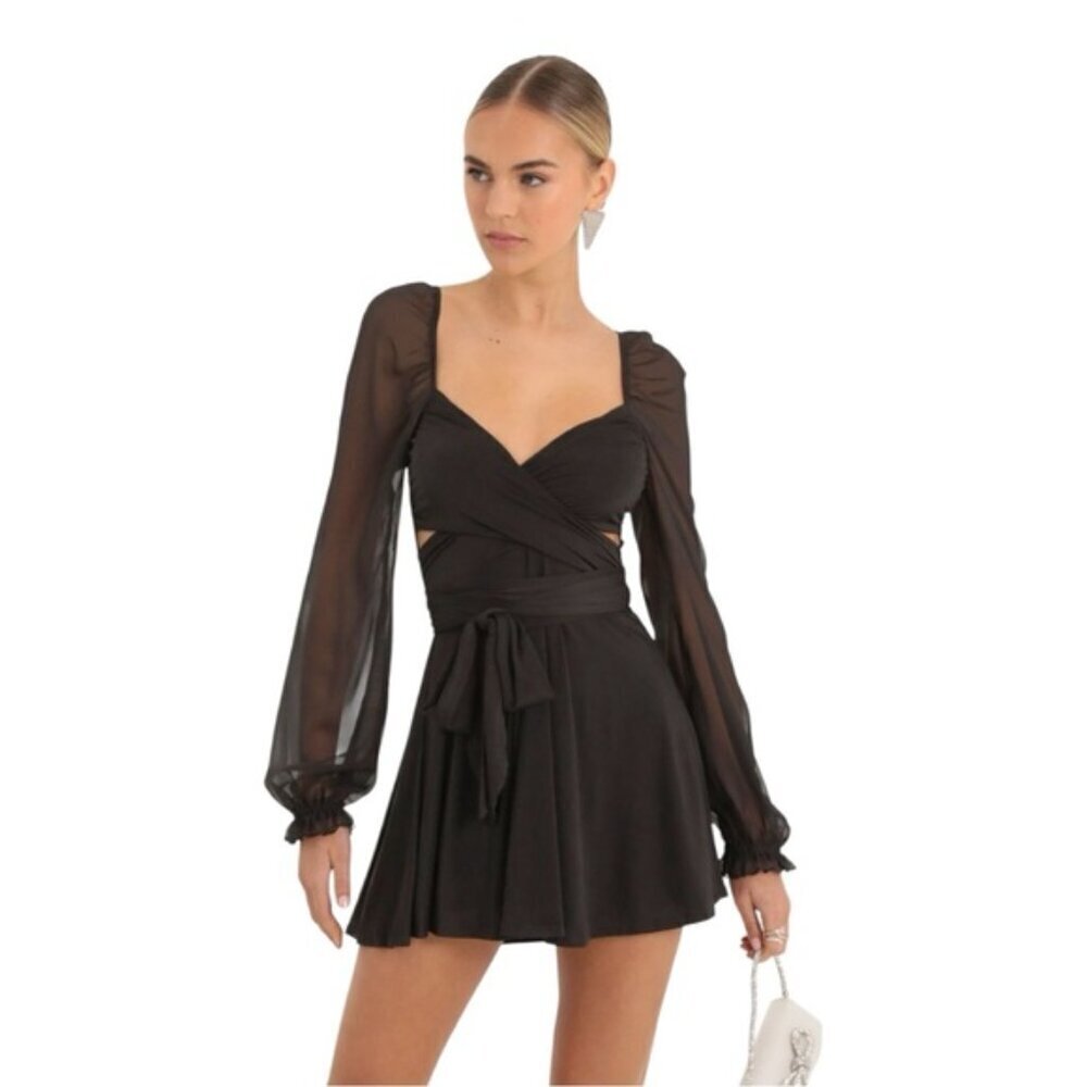 Lucy‎ In The Sky Dress Women's Size Large Black Puff Chiffon Wrap A-Line Mini